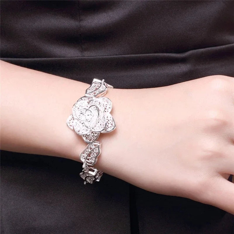 925 Sterling Silver Flower Leaf Bracelet - Women's