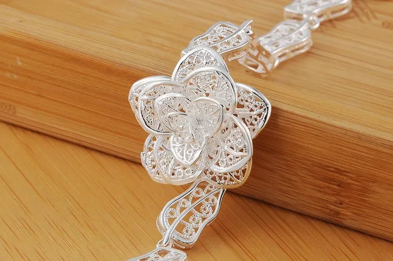 925 Sterling Silver Flower Leaf Bracelet - Women's