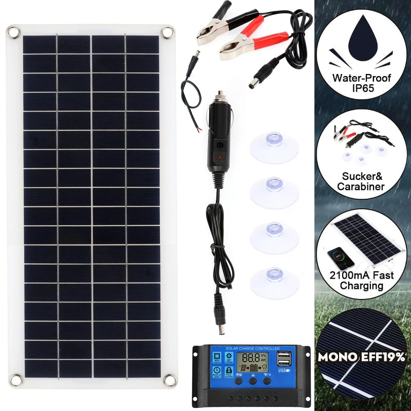 300W/m2 Solar Panel Dual USB Output Solar Cells with 10A/20A/30A/40A/50A/60A Solar Controller for Car Yacht Battery Boat Charger