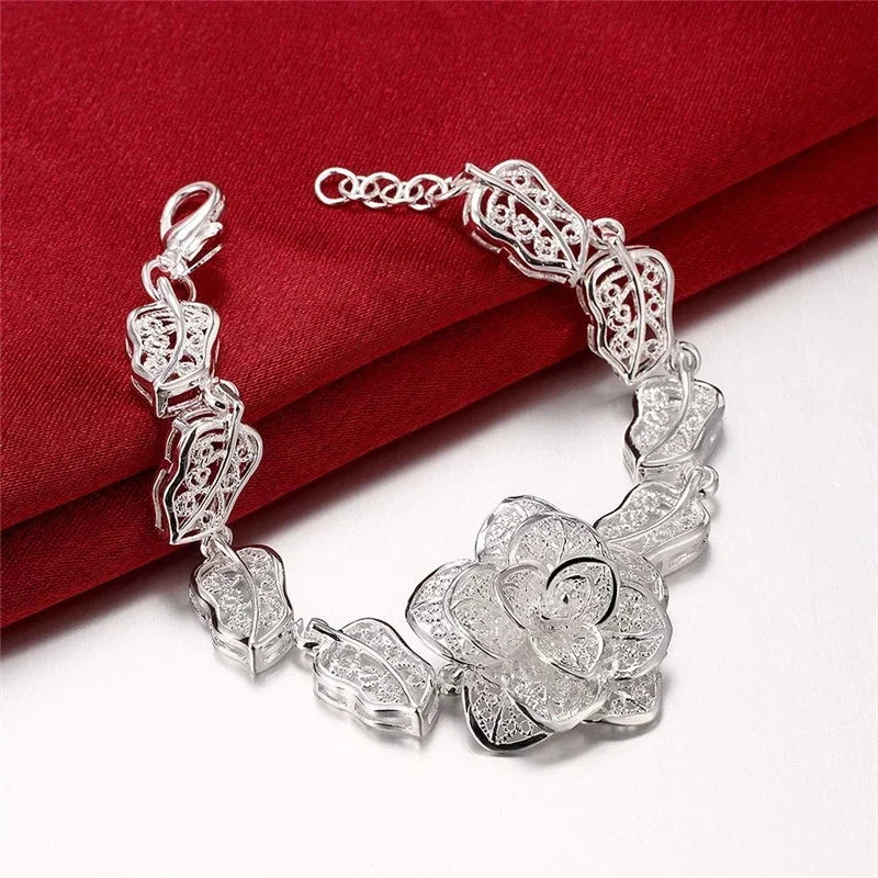 925 Sterling Silver Flower Leaf Bracelet - Women's